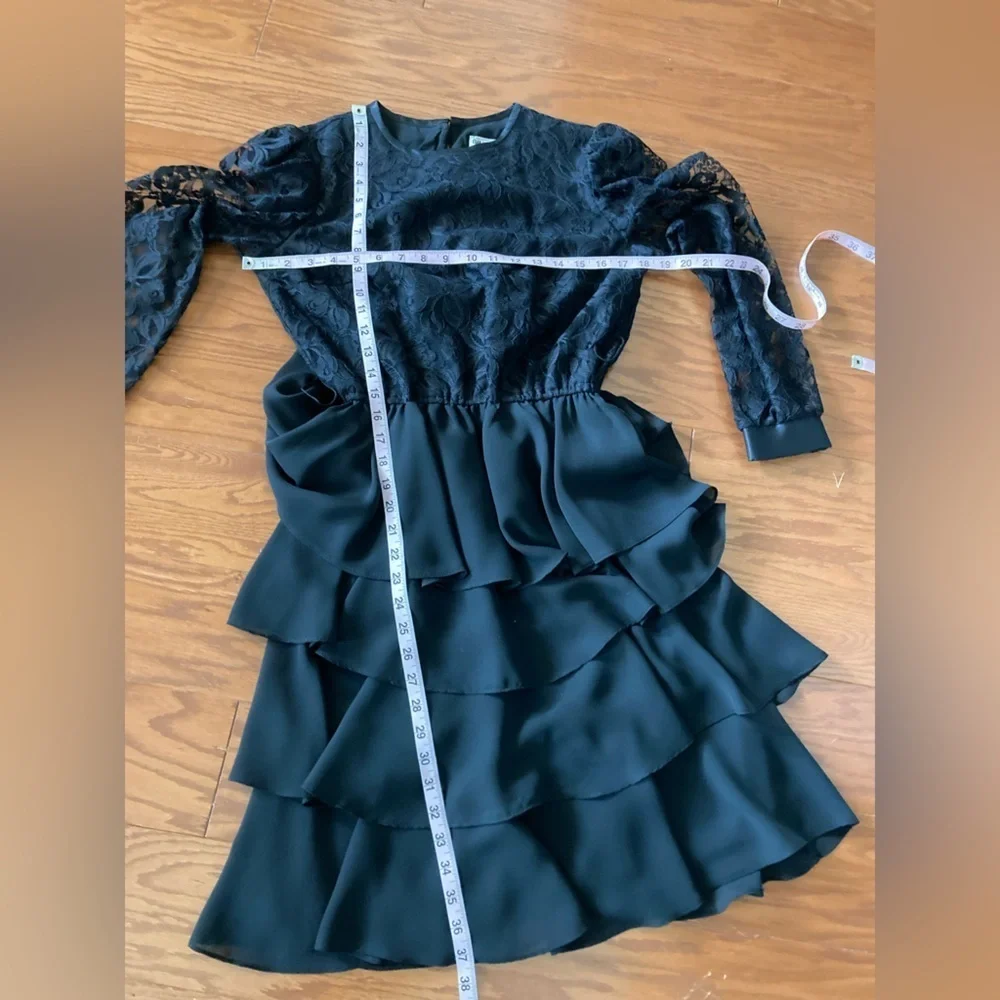 70s Vintage Mavinette Black lace layered ruffles Dress with Belt Sz 8 Goth Fairy - Picture 12 of 12